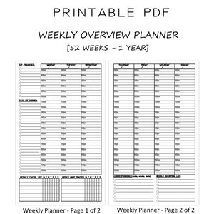 May include: Printable weekly planner PDF with a black and white design. The planner is divided into two pages, each with a daily schedule from Monday to Sunday. The first page includes sections for top priorities and to-do lists. The second page includes sections for weekly chore lists, habit trackers, correspondence, and a weekly shopping list. The planner is designed for 52 weeks, or one year.