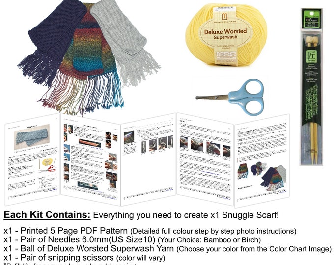 DIY Kit to Knit a Snuggle Scarf / Scarf Knitting Kit (Pattern, Needles, Yarn, everything you need!) [Gift for knitters, beginner friendly]