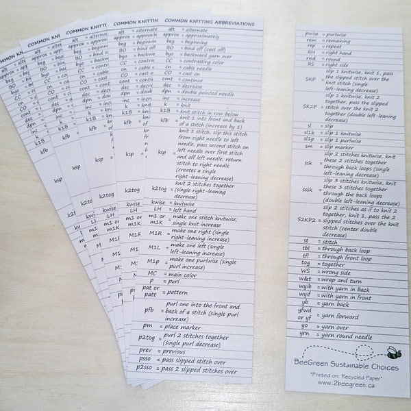 Knitting Abbreviations Bookmark - Every knitter needs a referance sheet! [Great Little Gift] (Recycled & Recyclable)