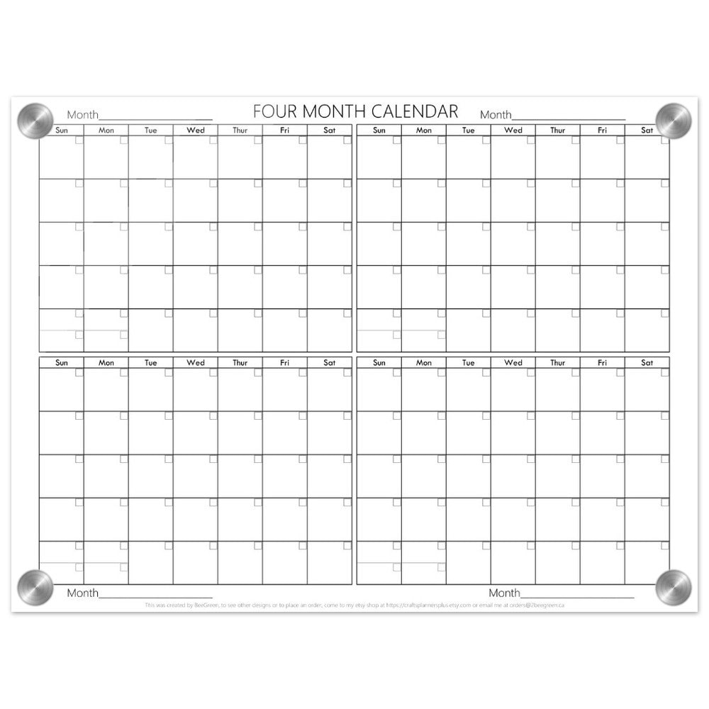 Four Month Dry Erase Calendar (black & white) - Acrylic 4 Month Wall Calendar - perpetual calendar dry erase