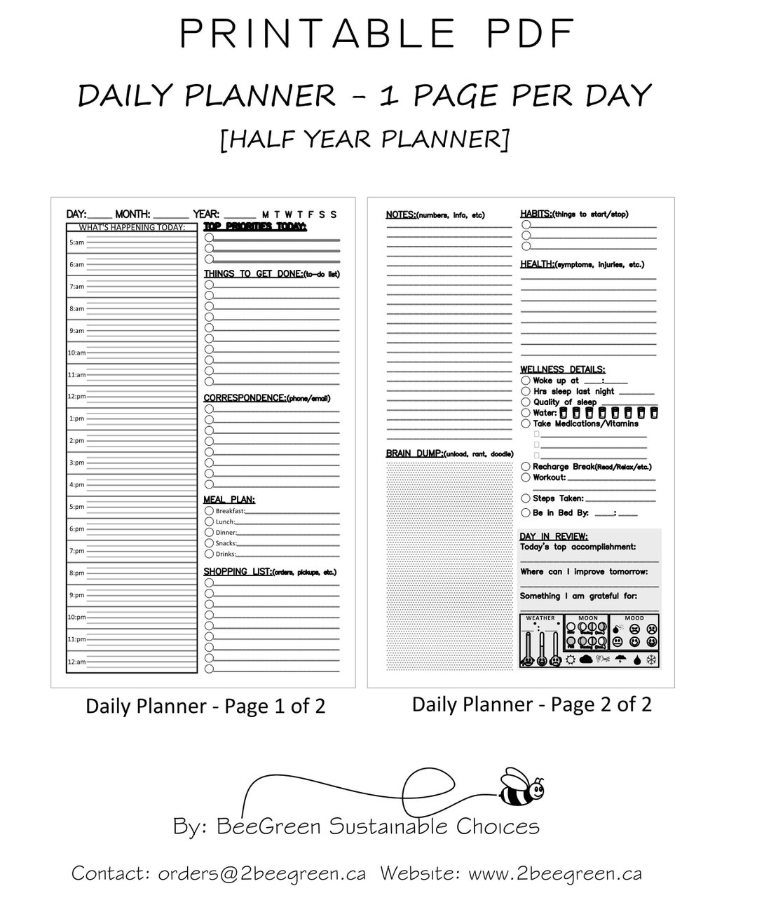 Day Planner - 2 Pages per Day - Daily Journal (daily Planner) - [undated Printable PDF] - Etsy
