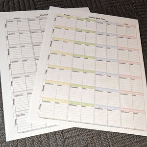 May include: A printable weekly meal planner with sections for breakfast, lunch, dinner, and snacks. The planner is divided into seven days of the week and includes space for ingredients and notes.