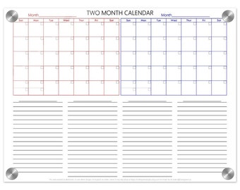 Two Month Dry Erase Calendar (Colour) - Acrylic 2 Month Wall Calendar with space for notes and lists below - perpetual dry erase calendar