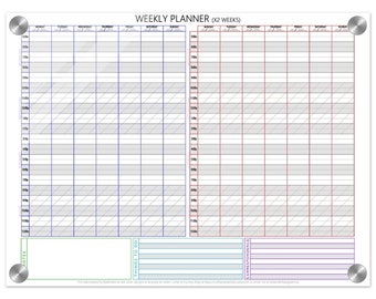 Dry Erase Colorful Weekly Planner / Weekly Day Timer - x2 Weeks Plus Notes - Stay on Track - Executive Function Helper (Horizontal)