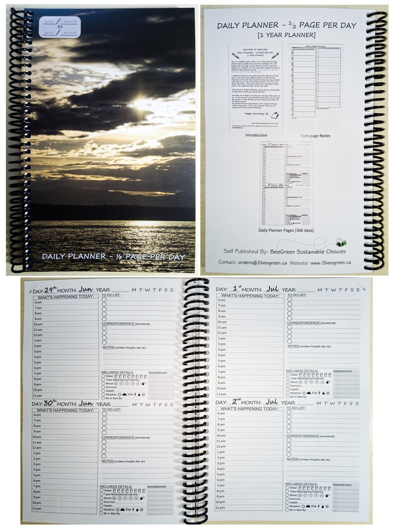 K&ouml;nnte beinhalten: Ein spiralgebundenes Tagesplaner mit einem Cover, das einen Sonnenuntergang &uuml;ber dem Wasser zeigt. Der Planer enth&auml;lt Abschnitte f&uuml;r Tagespl&auml;ne, To-Do-Listen, Korrespondenz und Wellness-Details. Der Text "DAILY PLANNER - 1/2 PAGE PER DAY" ist sichtbar.
