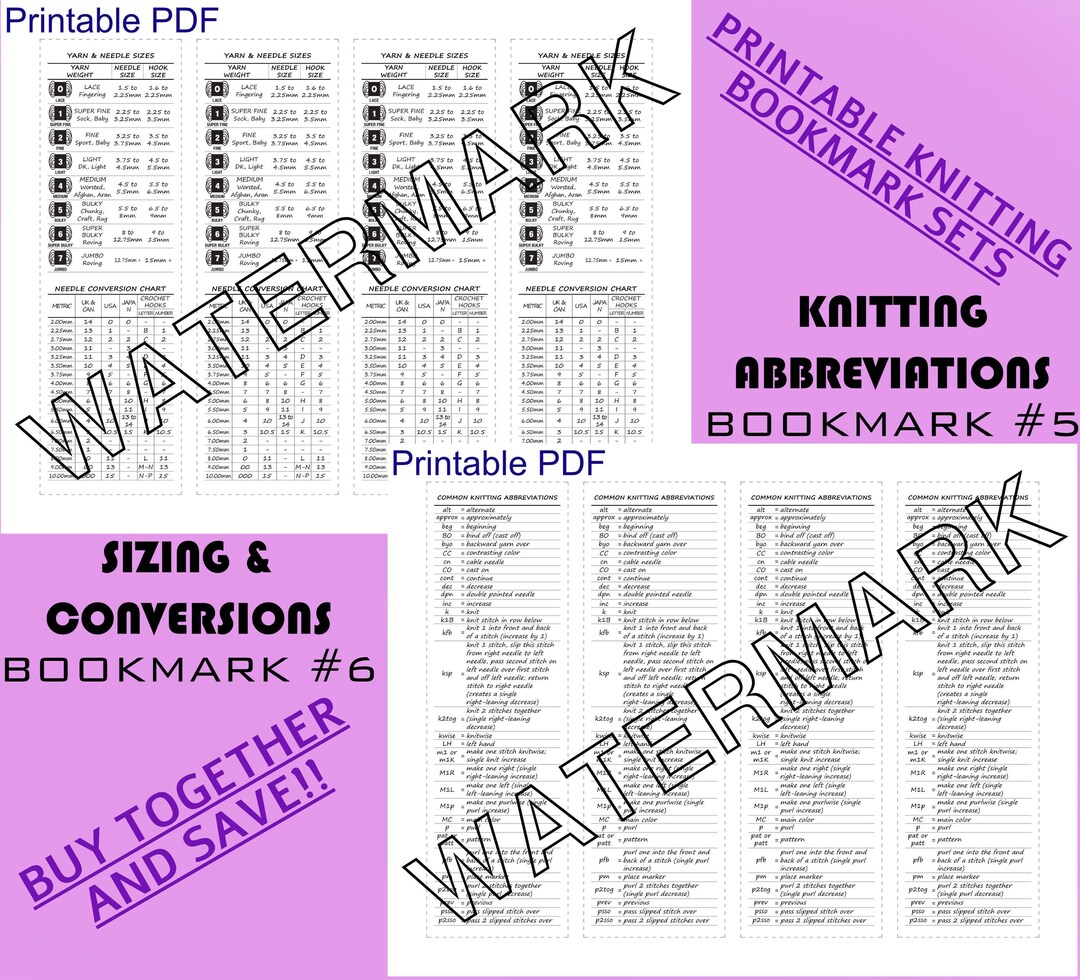 Knitting Cheat Sheet Bookmarks – Abbreviations & Conversions (printable ...