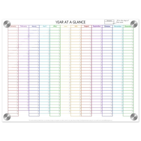 Year at a Glance Dry Erase Calendar (Rainbow) - Acrylic Yearly Wall Calendar - Perpetual Yearly Calendar (horizontal)