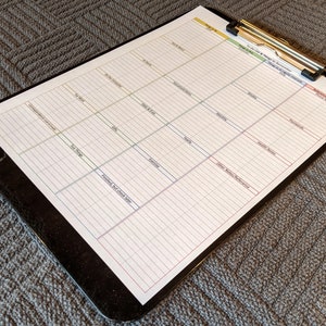 May include: A printable checklist on a clipboard with a grid layout and color-coded sections. The sections include "To-Do List & Things to Remember", "Weekly", "Monthly", "Quarterly", and "Annual/Once a Year".