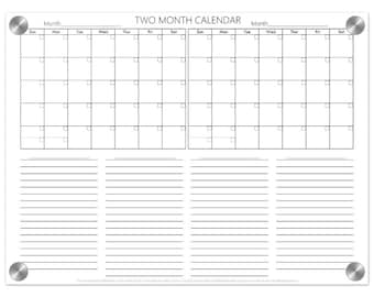 Two Month Dry Erase Calendar (black & white) - Acrylic 2 Month Wall Calendar with space for notes and lists - perpetual dry erase calendar