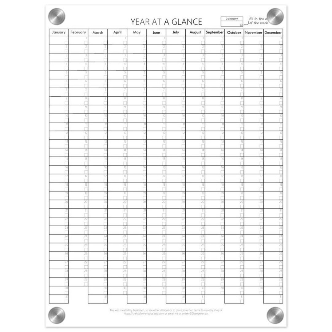 Year at a Glance Dry Erase Calendar black & Whitevert Acrylic Yearly