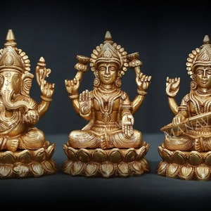 Brass Ganesha Lakshmi Saraswati statue, 15 CM Brass Ganesha Lakshmi Saraswati idol for Home, Temple, Pooja, Gifts, Office.