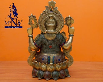 真鍮製ガネーシャ像：ターコイズ象嵌入り21インチのガネーシャ像