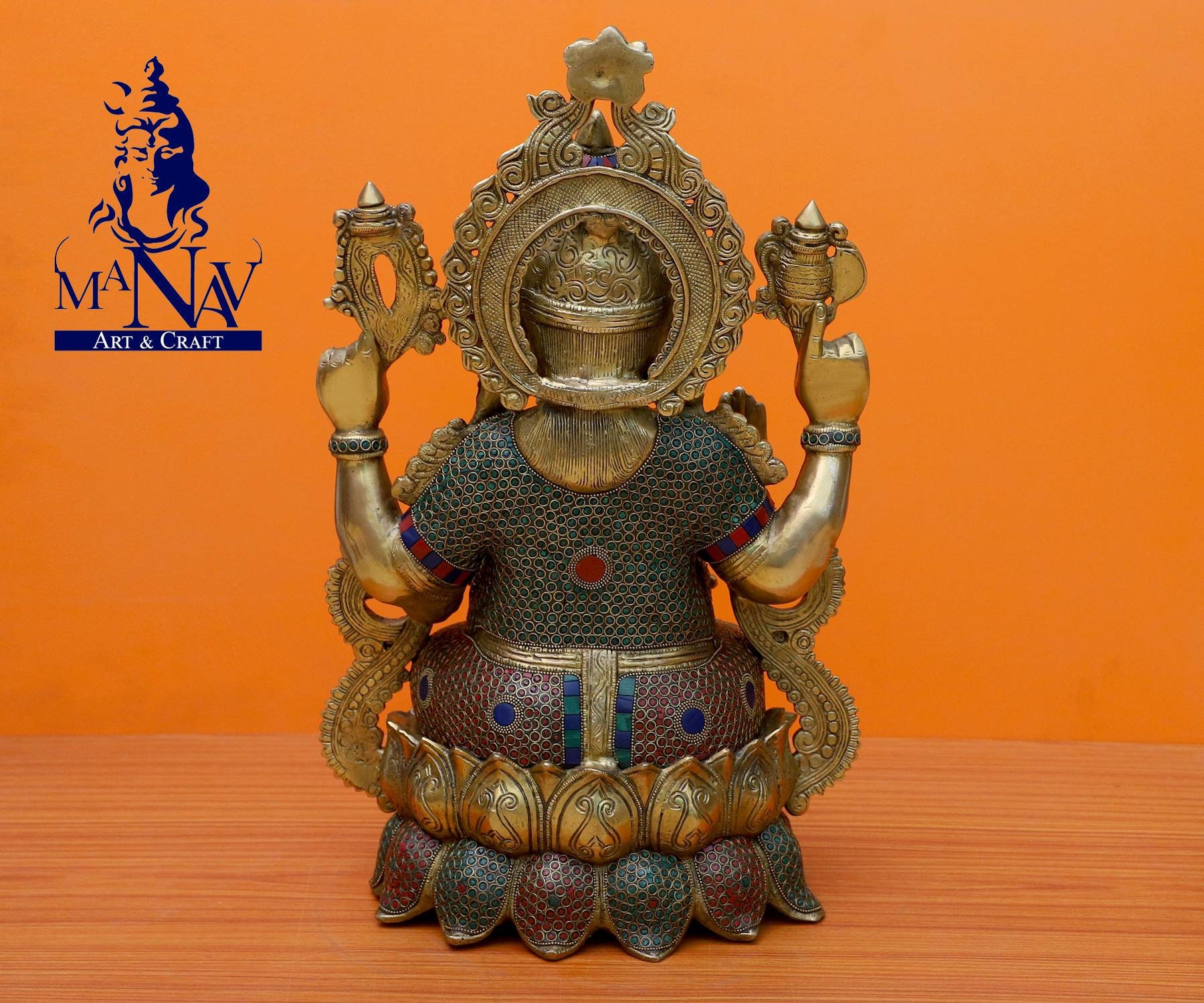 真鍮製ガネーシャ像：ターコイズ象嵌入り21インチのガネーシャ像