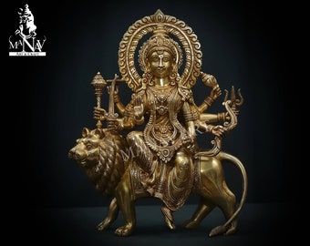 Brass Durga Statue: Shero Wali Mata Idol on Lion (36 CM)