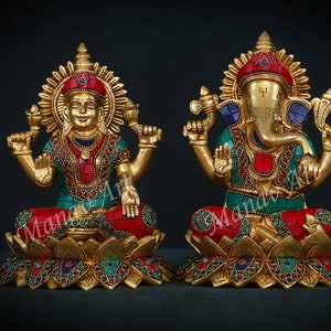 Brass Lakshmi Ganesha statue, 20 CM Laxmi Ganesh idol, Ganesh Lakshmi pair, Lakshmi Ganesh for Temple, Pooja, office, new beginnings, gifts.
