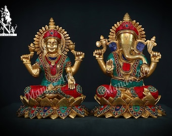 Brass Lakshmi Ganesha Statue: 20 CM Laxmi Ganesh Idol Pair