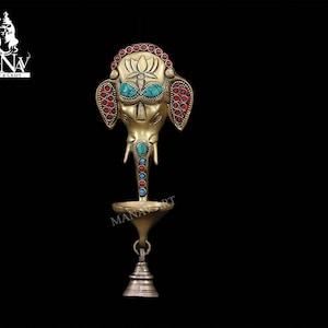 Brass Ganesha Wall Hanging Diya with Bells for Home Decor, 20CM Brass Hanging Diyas Oil Lamp, Diwali Gifts, Diyas for Diwali Wall decoration