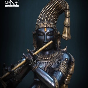 Brass Krishna 88CM Statue, Gorgeous Krishna, flute playing Hare Krishna Figurine, South style Krishna for Home, Temple, Corner, office, Gift