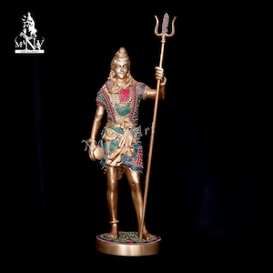 Large Brass Shiva Statue: Turquoise Inlay Adiyogi Figurine (49 CM)