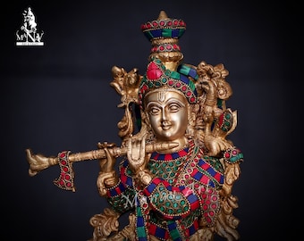 Krishna statue, 45 CM Brass Krishna Statue, Large size Krishna Idol, Lord Krishna Ji for Temple, Office, Decor, Corner, pooja, Gifts.