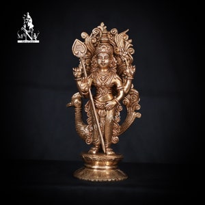 Brass Kartikeya 25 CM Statue, Brass Karthikeyan statue, Murugan Swamy Idol, Lord Murugan Swamy Statue With Peacock for Temple, Home, Gift.
