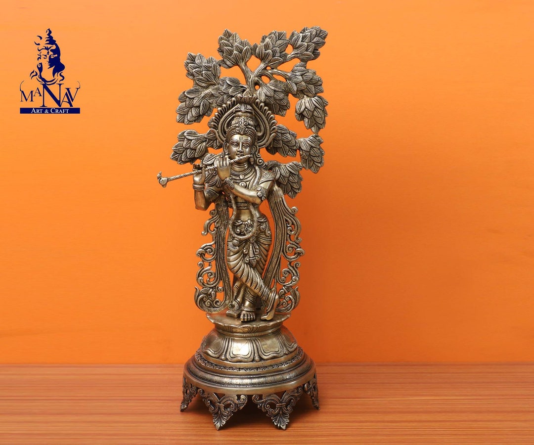 Brass Krishna, 60 CM Brass Krishna Under Kadamba Tree, Standing Krishna Statue, Krishna Playing