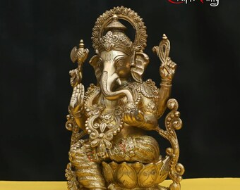 真鍮製ガネーシャ像：12.5インチのガネーシャ像、ヒンドゥー教寺院の