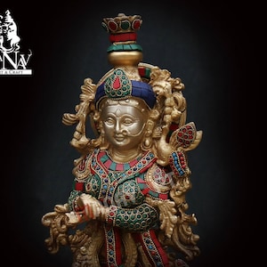 Brass Radha Statue: 21-Inch Hindu Goddess Idol with Turquoise Inlay