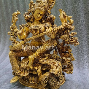 Goddess Saraswati with Veena, 40 CM Saraswati Maa, Hindu Goddess of Music, Knowledge, Fortune, Art, Saraswati for Temple, Corner,Puja,Gift