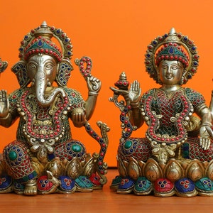 Lakshmi Ganesh statue, 24 CM Laxmi Ganesh idol, Brass Ganesh Lakshmi, Lakshmi Ganesh Figurine for Home, Temple, Office, Gifts, Pooja room.