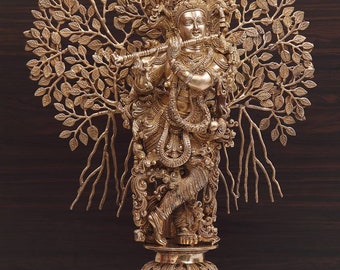 Brass Krishna, 88 CM Brass Krishna under kadamba tree, standing Krishna statue, Krishna playing flute under Kalpa vriksha tree.