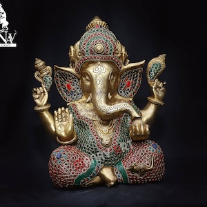 Brass Ganesha statue, 30CM Ganesha idol, Ganpati statue, Ganesha sculpture, God of Good luck, Hindu God Ganesha for Temple, Pooja, decor.
