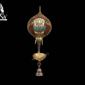 Brass Ganesha Wall Hanging Diya with Bells for Home Decor, 24CM Brass Hanging Diyas Oil Lamp, Diwali Gifts, Diyas for Diwali Wall decoration