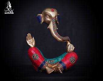 Estatua de Ganesha de latón con incrustaciones de turquesa (15 cm)