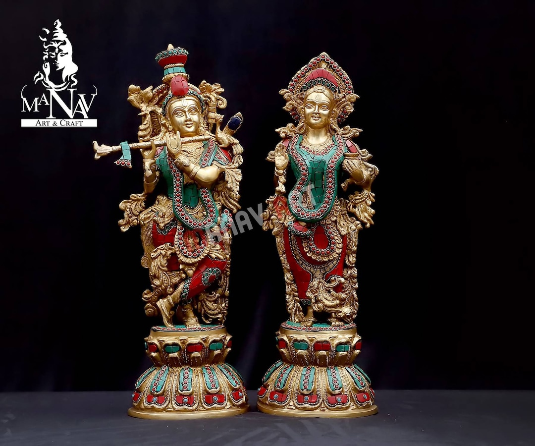 ラダ・クリシュナ真鍮像：ターコイズインレイ、ヒンドゥー教寺院の装飾