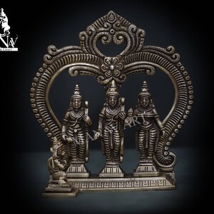 Brass Ram Darbar, 17.5 CM Brass Ram Darbar Statue, Rama Family Idol, Antique finished Ramdarbar Murti, Ram Darbar for temple, Pooja, Gifts.
