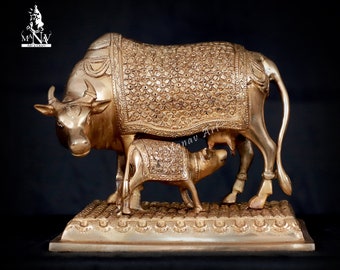 Brass Kamdhenu 20CM statue, Brass Kamdhenu on Chowki, Kamdhenu with calf, kamdhenu for Home, Temple, Office, Gifts, Pooja, decoration.