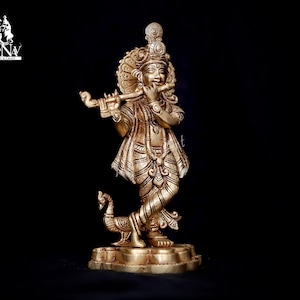 Brass Krishna statue, 20 CM Brass Krishna Figure, Brass Krishna sculpture, Lord Krishna For Temple, Home, office, pooja, Decor, Gifts.