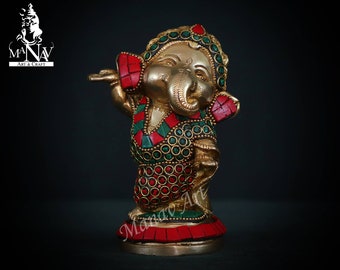 Brass Ganesha Statue: Turquoise Inlay, Hindu Decor (13 CM)