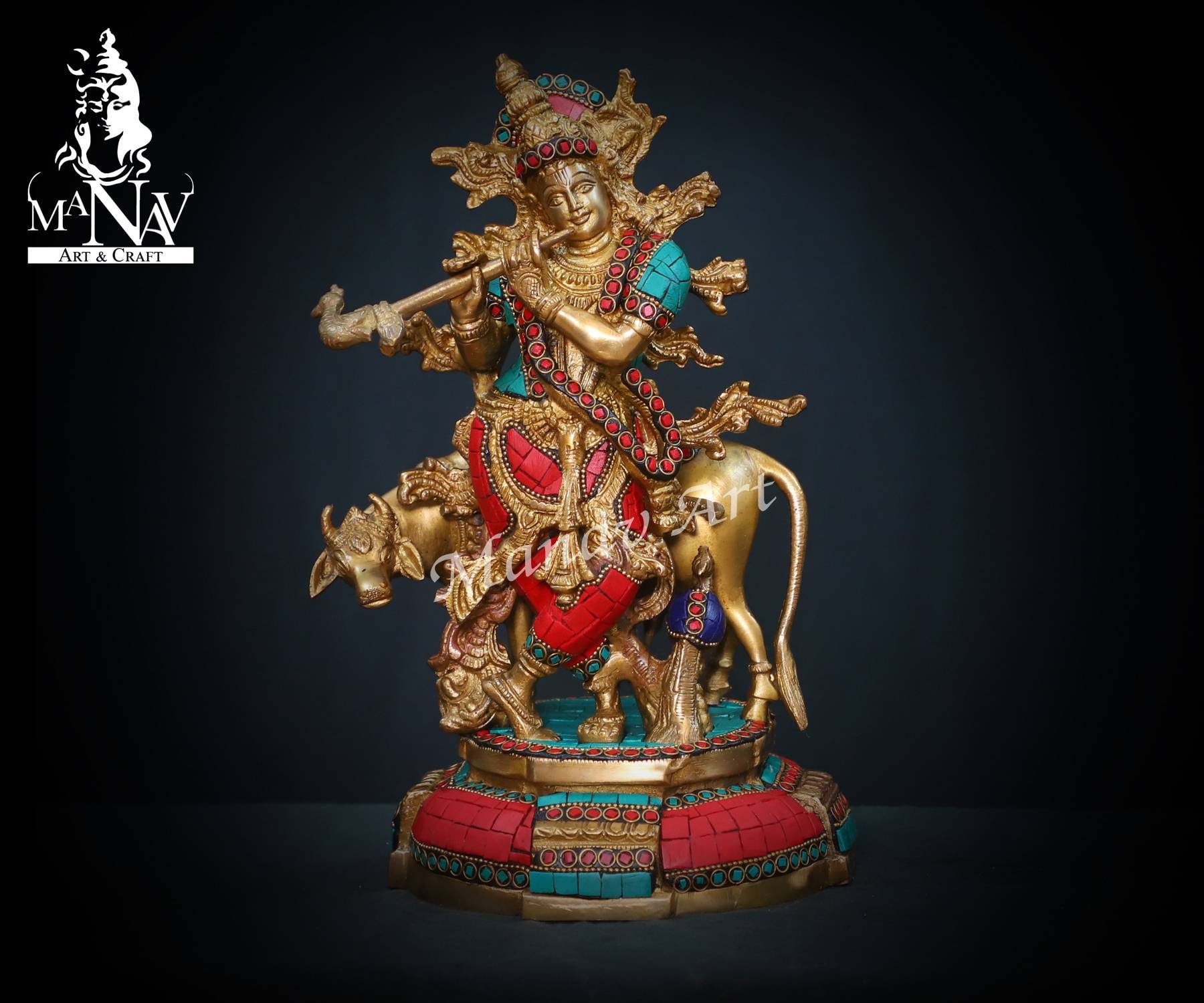 真鍮製クリシュナ像（牛）：ターコイズ石象嵌、29 cm 祭壇装飾 - Etsy 日本