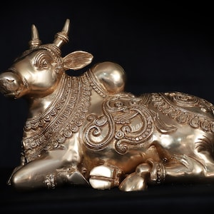 Brass Nandi idol, Nandi statue in Brass, 24 CM Nandi cow figurine, Nandi sculpture for Home, Temple, decor, office, Gifts.