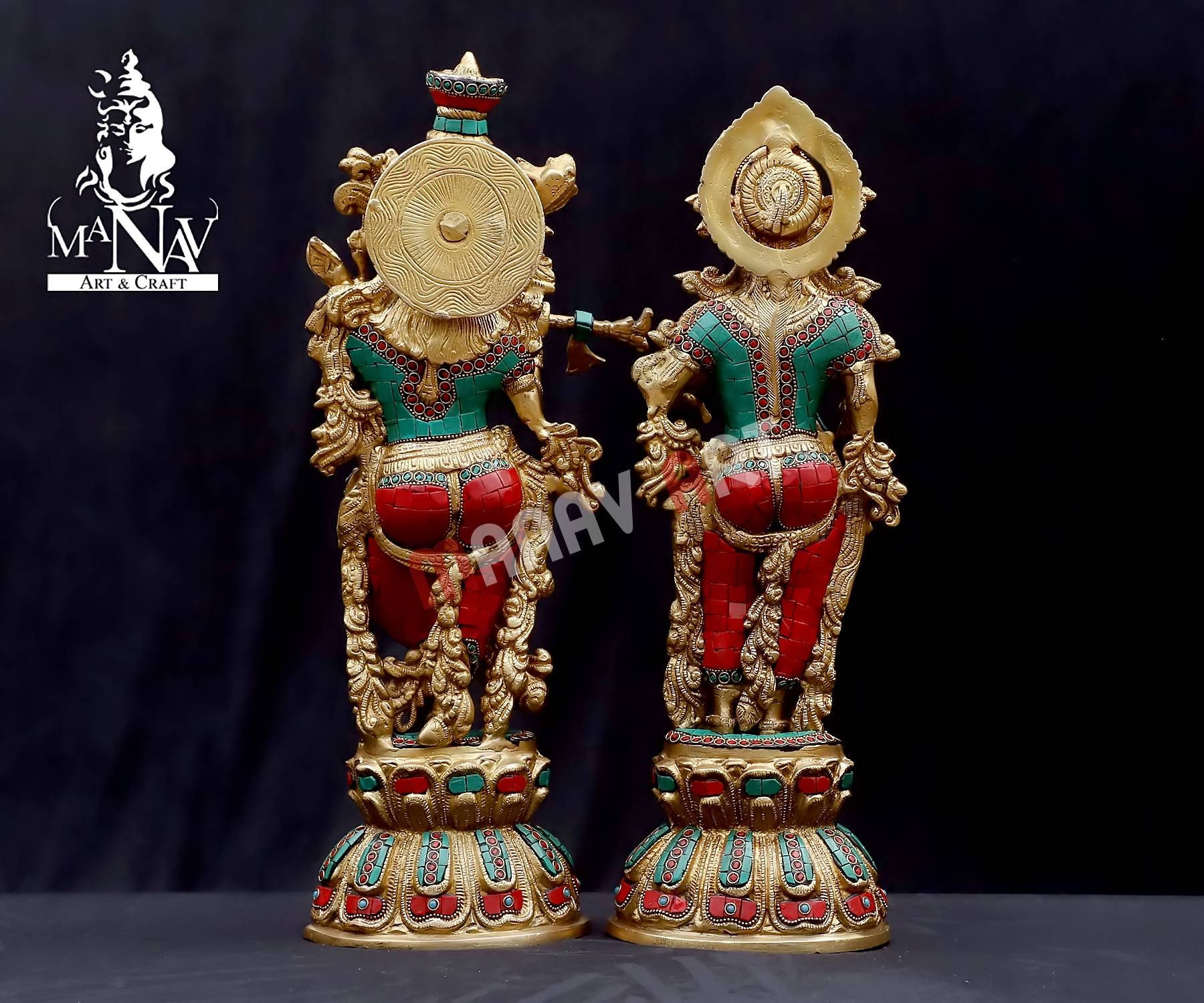 ラダ・クリシュナ真鍮像：ターコイズインレイ、ヒンドゥー教寺院の装飾