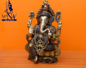 真鍮製ガネーシャ像：ターコイズ象嵌入り21インチのガネーシャ像