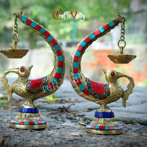 Brass parrot Diya 20CM( set of 2), oil wick diya, brass Lamp, Indian brass deepak for home, decor, temple, table top.
