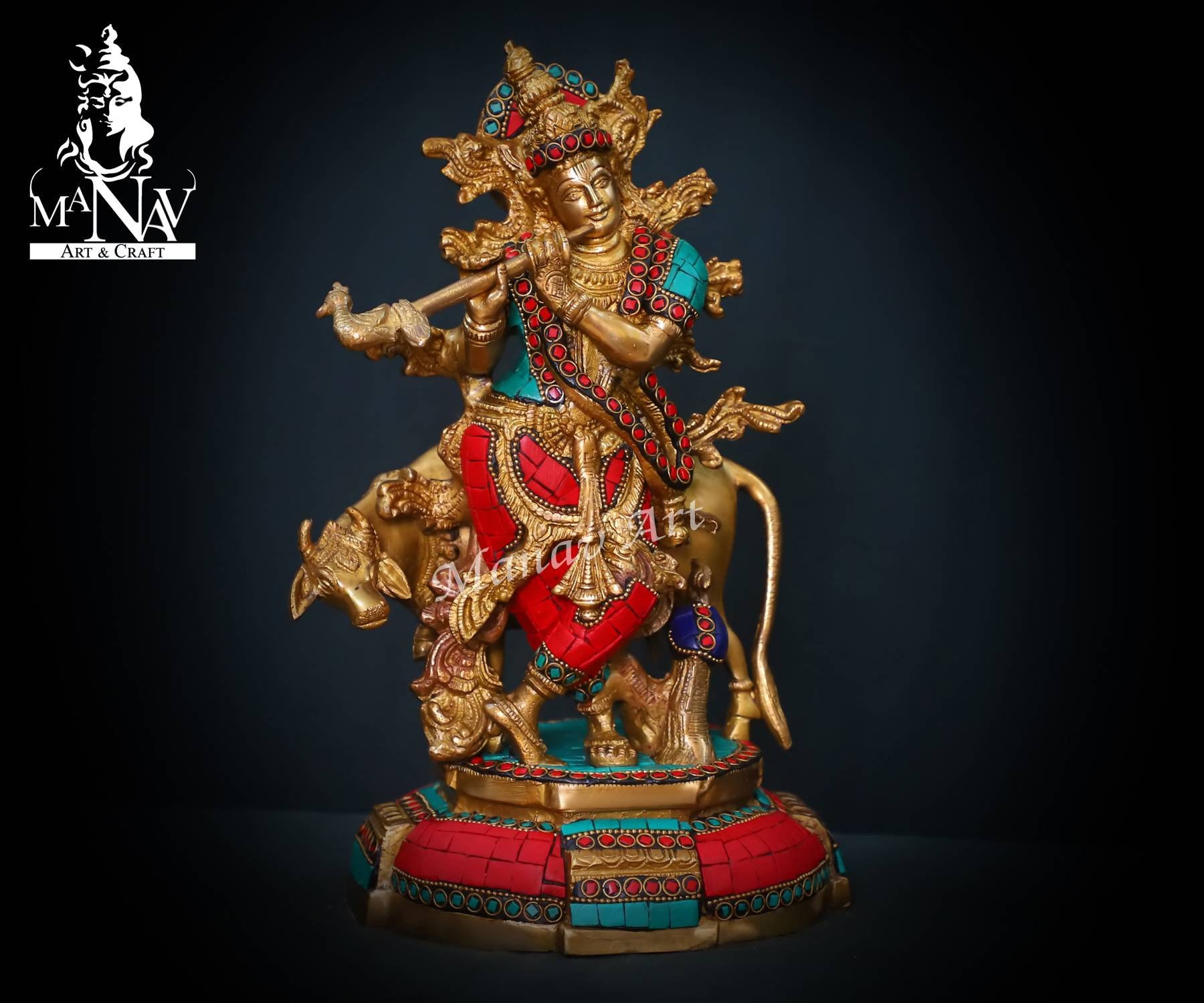 真鍮製クリシュナ像（牛）：ターコイズ石象嵌、29 cm 祭壇装飾 - Etsy 日本