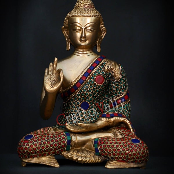 Brass Buddha 28CM Ring and Stone Work Statue, Buddha Figurines,Buddha Idol, Buddha for Temple, Home, Corner, Office Décor