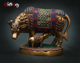 Brass Cow Statue, 10 CM Cow idol, Brass Cow with Calf, Brass Kamdhenu Cow Statue, Brass Cow Figurine for Temple, Corner, Home, Decor, gifts.