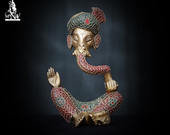 Estatua de Ganesha de latón con turquesa: decoración hindú moderna (25 cm)