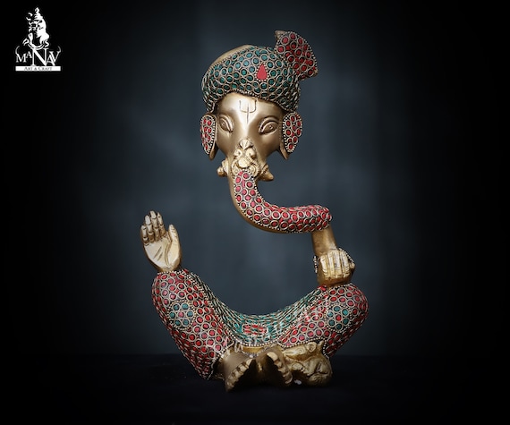Brass Ganesha Statue with Turquoise: Modern Hindu Decor (25 CM)