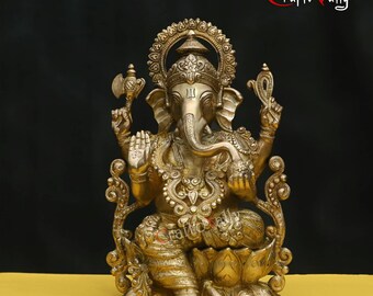 真鍮製ガネーシャ像：12.5インチのガネーシャ像、ヒンドゥー教寺院の